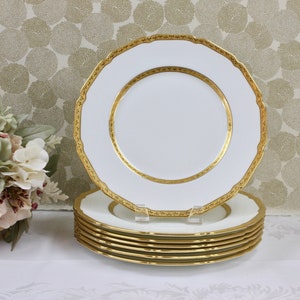 Vintage Royal Doulton Dinner Plates, Set of 7, White and Gold Porcelain