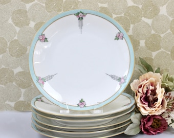 French Limoges Plate Set for 6,  Art Deco Plates, Tea Party Plates, Luncheon Plate Set, Limoges, France, c1920s, Vintage China Plates