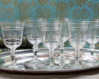 French Crystal Monogrammed Wine Glass, Set of 6 Vintage Etched Cocktail Wine Glasses, c1910s, Vintage Barware & Glasses