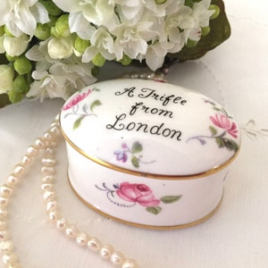 Vintage London Souvenir, Porcelain Trinket Box, Handpainted Pink Roses Keepsake Box,  Ring Holder Box, English Crown Staffordshire, c1930s