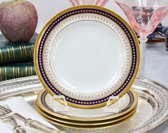 English Plate Set for 4, Bread Butter/Dessert Plates, Cobalt and Gold Plates, 6" Dia., Copleland Spode Plates, c1890s, Vintage China Plates