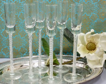 Vintage Cordial Stemware, Set of 6, Air Twist Glasses, Hand Blown, Long Stemmed Cordials, Vintage Barware & Glasses