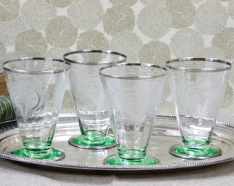 Antique Tumblers, Set of 4, Art Deco, Etched Tumblers, Rare Tiffin Green and Clear Glass with Silver Trim, c1930s, Barware and Glasses