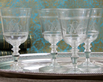 French Crystal Monogrammed Wine Glass, Set of 4 Vintage Etched Stemware Cocktail Wine Glasses, c1910s, Vintage Barware & Glasses