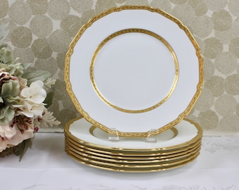 Antique Dinner Plates, Set of 7 Plates, Classic White and Gold English Porcelain, Royal Doulton China, c1910s, Vintage China Plates
