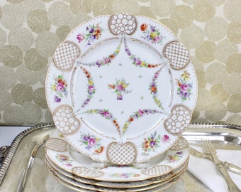 Dresden Dinner Plates, Set of 5, Hand Painted Floral Gold Filigree Plates, German Porcelain Plates, 9.75" Dia., c1930s, Vintage China Plates