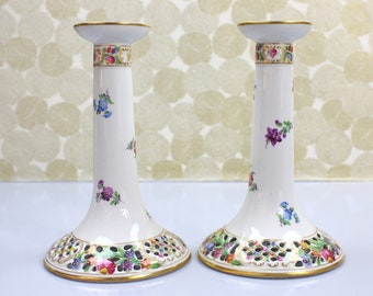 Floral Candlesticks, Pair, Dresden Style, Handpainted Pierced Porcelain, Schumann Bavaria, Chateau Dresden, c1930s, Vintage Home Decor