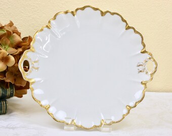 French Haviland Serving Platter, French Cake Plate, Bridal Shower Plate, Embossed Gold and Bow Handles, 10.5" Dia., c 1894, Vintage Platters