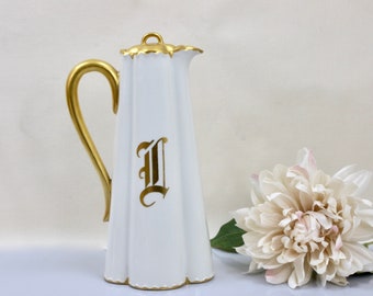 Limoges Chocolate Pot, French Antique Haviland Limoges, French White with Gilded Monogram "L", Tall Chocolate Pot, c1894, Vintage Tea Party