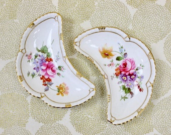 Crescent Moon Shaped Plates, Pair, Royal Crown Derby, Derby Posies Pattern, Fine English Bone China, c1950s, Vintage China & Ceramics