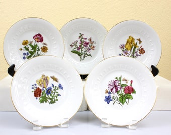 Vintage Botanical Plates, Set of 5 Plates, Dessert or Salad Plates, Garden Party Plates, Gold Rims, JKW Fine German Porcelain Plates, c1960s