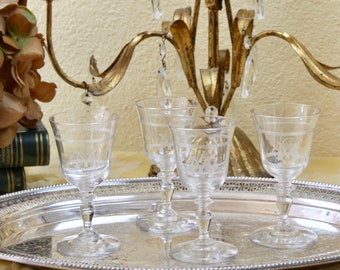 Vintage French Crystal Monogrammed Wine Glass, Set of 4 Elegant Wine Glasses, Aperitif Glasses, c1910s, Vintage Barware & Glasses