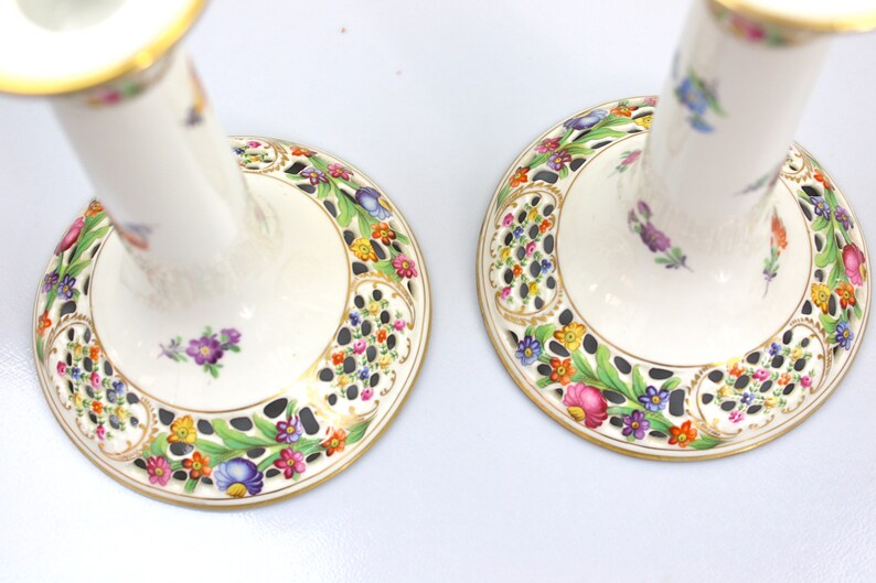 Floral Candlesticks Pair Dresden Style Handpainted Pierced Etsy