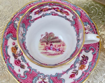 Antique Tea Cup and Saucer Set, Spode Teacup in Pink and Blue Transferware Porcelain, Queen Mary Pattern, c1890s, Charming Mother's Day Gift