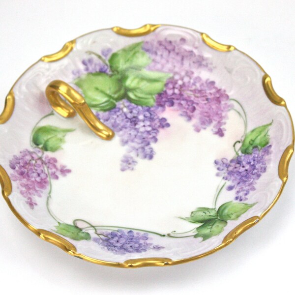 Hand Painted Lemon Dish - Lavendar Lilac Flowers with Gilded Edges, Handled Server, Vintage Serving Dish, Germany, Artist Signed, c.1920s