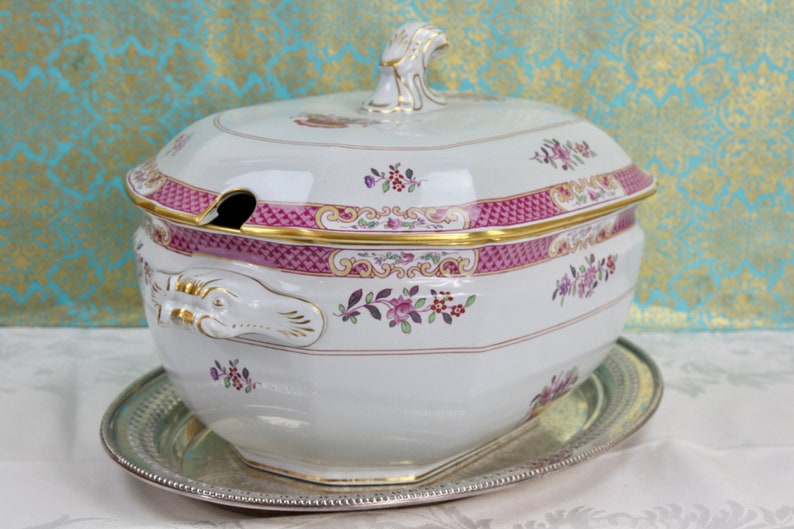 English Soup Tureen, Holiday Tureen, Large Size Serving Tureen, Fine Porcelain Tureen, Spode of England, c1960s, Vintage China & Ceramics image 2