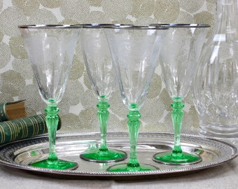 Green Art Deco Glasses, Water/Wine Goblets, Set of 4, Rare Tiffin Etched Glass Trimmed with Platinum Silver, c1930s, Barware and Glasses