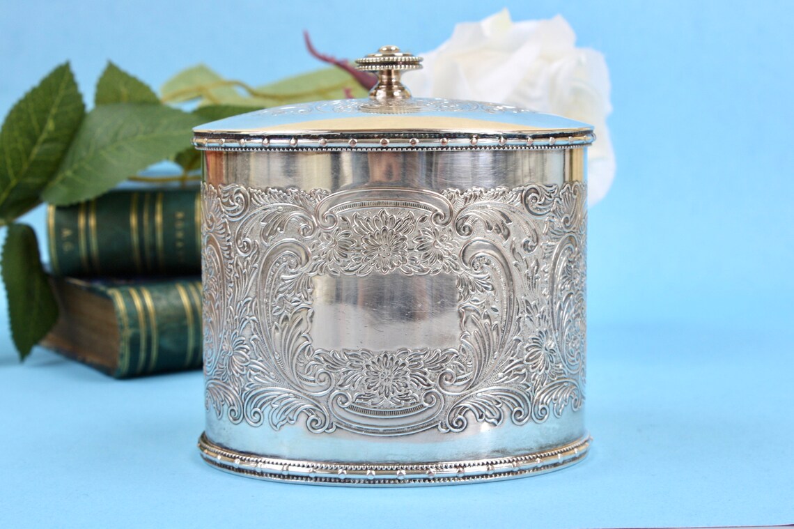 English Tea Caddy Silver Tea Box Oval Tea Caddy Chased Etsy