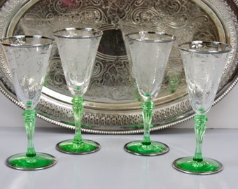 Antique Cordials, Set of 4, Cordial Stemware, Art Deco, Rare Tiffin Green and Clear Glass with Silver Trim, c1930s, Barware and Glasses