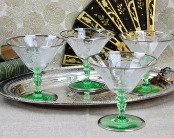 Antique Champagne/Sherbet Glasses, Set of 4, Art Deco, Rare Tiffin Green Glass with Platinum Silver Trim & Base, c1930s, Barware and Glasses