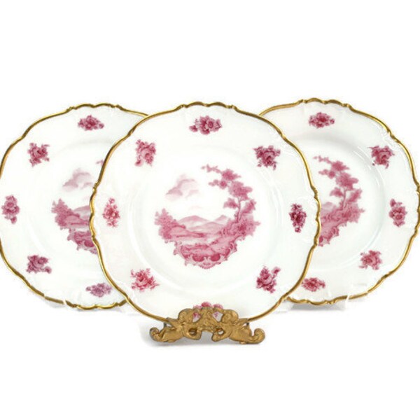 Pink Rose Toile Plate Set / Dessert or Salad Plates / SET of 3/ Shabby and Chic / Edelstein Bavaria / c1940s