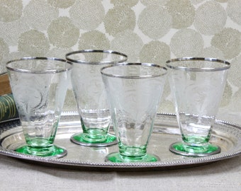 Antique Tumblers, Set of 4, Art Deco, Etched Tumblers, Rare Tiffin Green and Clear Glass with Silver Trim, c1930s, Barware and Glasses