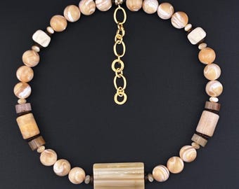 Ancient Light – Yellow Lace Agate, Fossil Coral & Mother-of-Pearl Choker