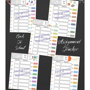 Puede incluir: Varios rastreadores de tareas con el texto "Evergreen Unraveled" y "Assignment Tracker" sobre un fondo oscuro. Los rastreadores tienen secciones para tareas, requisitos y fechas de entrega, con acentos coloridos e ilustraciones escolares.