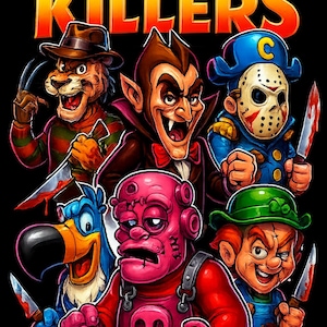 Könnte beinhalten: Bunte Illustration mit Comicfiguren, darunter ein Tiger und ein Vampir, die Messer halten. Der Text "CEREAL KILLERS" wird in fetten, orangefarbenen und gelben Buchstaben auf schwarzem Hintergrund angezeigt.