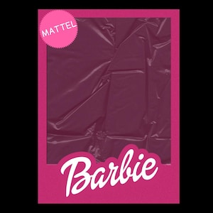 May include: A pink and magenta graphic design featuring the word "Barbie" in a white script font. The design includes a pink frame and a pink circle with the word "Mattel" in white. The background is a crumpled, dark magenta material.