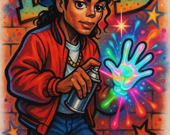 May include: Illustration of a person in a red jacket, blue jeans, and a blue cap, holding a spray can. The word "BAD" is in graffiti style above the person. Colorful spray paint emanates from the person's hand, with stars in the background.