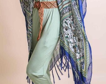 Bohemian Diamond Tassel Kimono Blue and Green