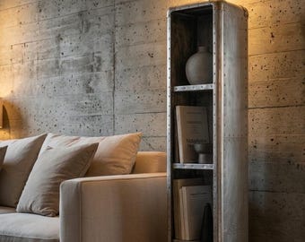 Aviator Style Aluminum Bookshelf | Industrial Narrow Bookcase, Riveted Cabinet