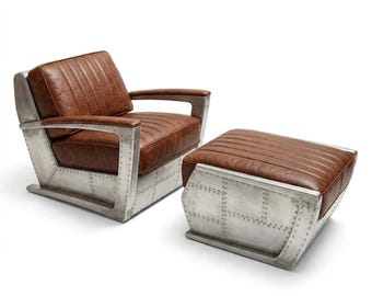 Aviator Roman Chair Ottoman Set | Industrial Leather Aircraft Aluminum Lounge Furniture