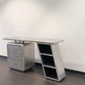 Escritorio industrial Aviator / Mesa consola de oficina de aluminio estilo aeronáutico con cajones