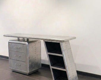 Aviator Industrial Desk | Aluminum Aircraft Style Office console Table with Drawers