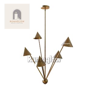 Handmade Brass Cone Chandelier: Mid-Century Modern 5-Arm Pendant Light