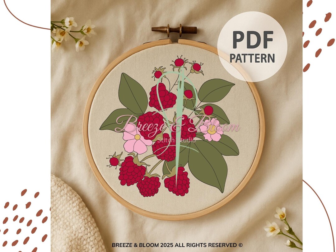 Raspberry Embroidery Pattern: Modern Floral Berry Hoop Art (PDF ...