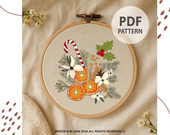 Christmas Orange Embroidery Pattern PDF | Winter Botanical Hand Embroidery Design