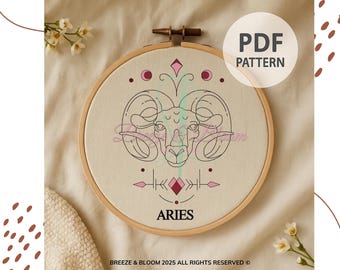 Aries Embroidery Pattern: Modern Zodiac DIY Stitch Art (Digital Download PDF)