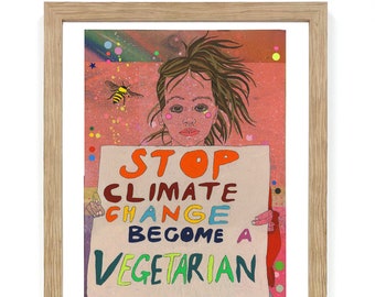 Puede incluir: Una ilustración colorida de una niña sosteniendo un cartel que dice "STOP CLIMATE CHANGE BECOME A VEGETARIAN". El cartel es blanco con letras de colores. La niña lleva una camisa roja y una falda a cuadros. Hay una abeja volando en el fondo.