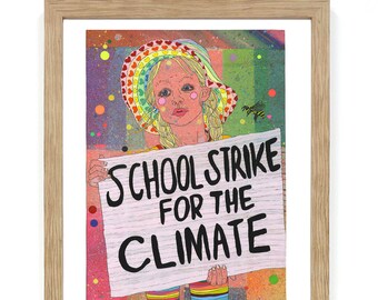 Puede incluir: Una ilustración colorida de una persona joven sosteniendo un cartel que dice "Huelga escolar por el clima". La persona lleva un sombrero con corazones y calcetines a rayas. El fondo es un patrón de pintura en aerosol colorido.