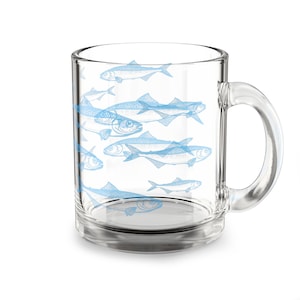 Glass Coffee Mug with Blue Sardines / Ocean Art Glass Cup / Nautical Gift for Fish Lovers