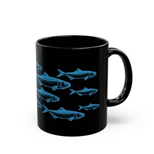 Black Coffee Mug with Blue Sardines / Ocean Art Ceramic Cup / Nautical Gift for Fish Lovers