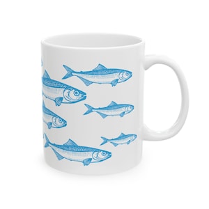 White Coffee Mug with Blue Sardines / Ocean Art Ceramic Cup / Nautical Gift for Fish Lovers