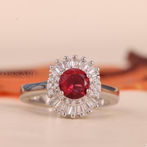 Red Stone 2.00CT Round Cut Moissanite Diamond Engagement Ring, Tapered Baguette & Round Wedding Ring, Cluster Anniversary Gift For Her