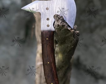 Ascia Tomahawk forgiata a mano / Ascia da bushcraft a codolo intero con manico in legno / Fodero in pelle