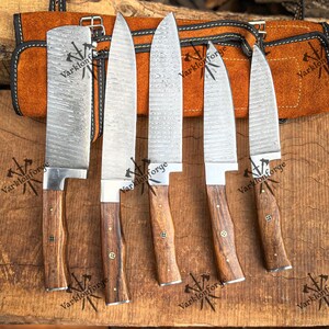 Handmade Damascus Chef set Of 5pcs With Leather,Damascus Knife Set,Damascus Chef Knife,Full Kitchen Knife Set,Damascus Chef Set,Wedding Gift