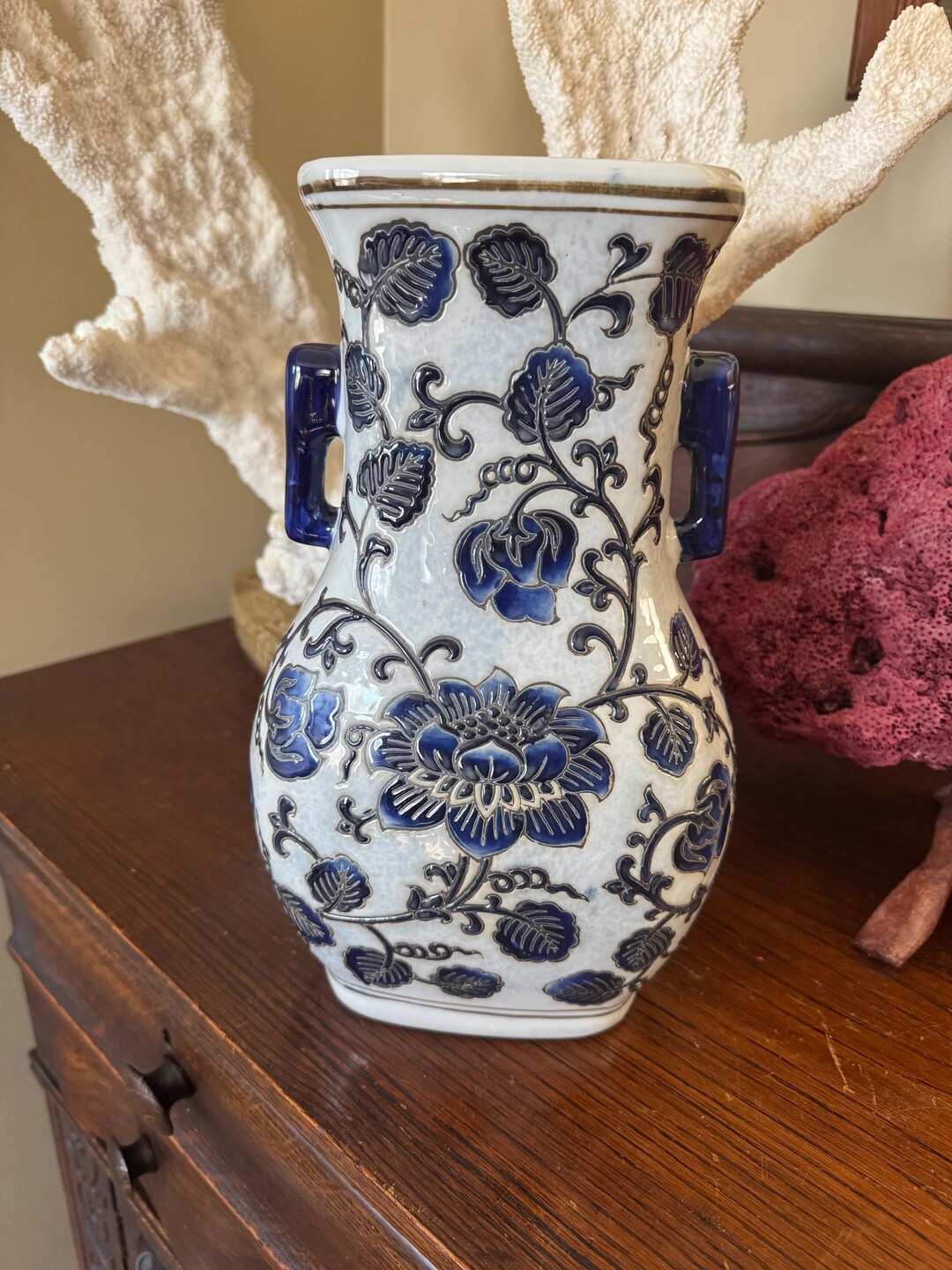 SALE Vintage Chinoiserie Large Floral Blue & White Vase Porcelain ...