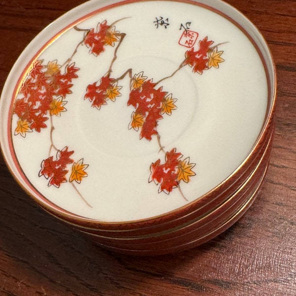 Vintage Japanese Handpainted Kutani Porcelain 6 Small Saucers or Coasters Japanese Maple Red Gold Mid Century Gold Leaf Excell Condition